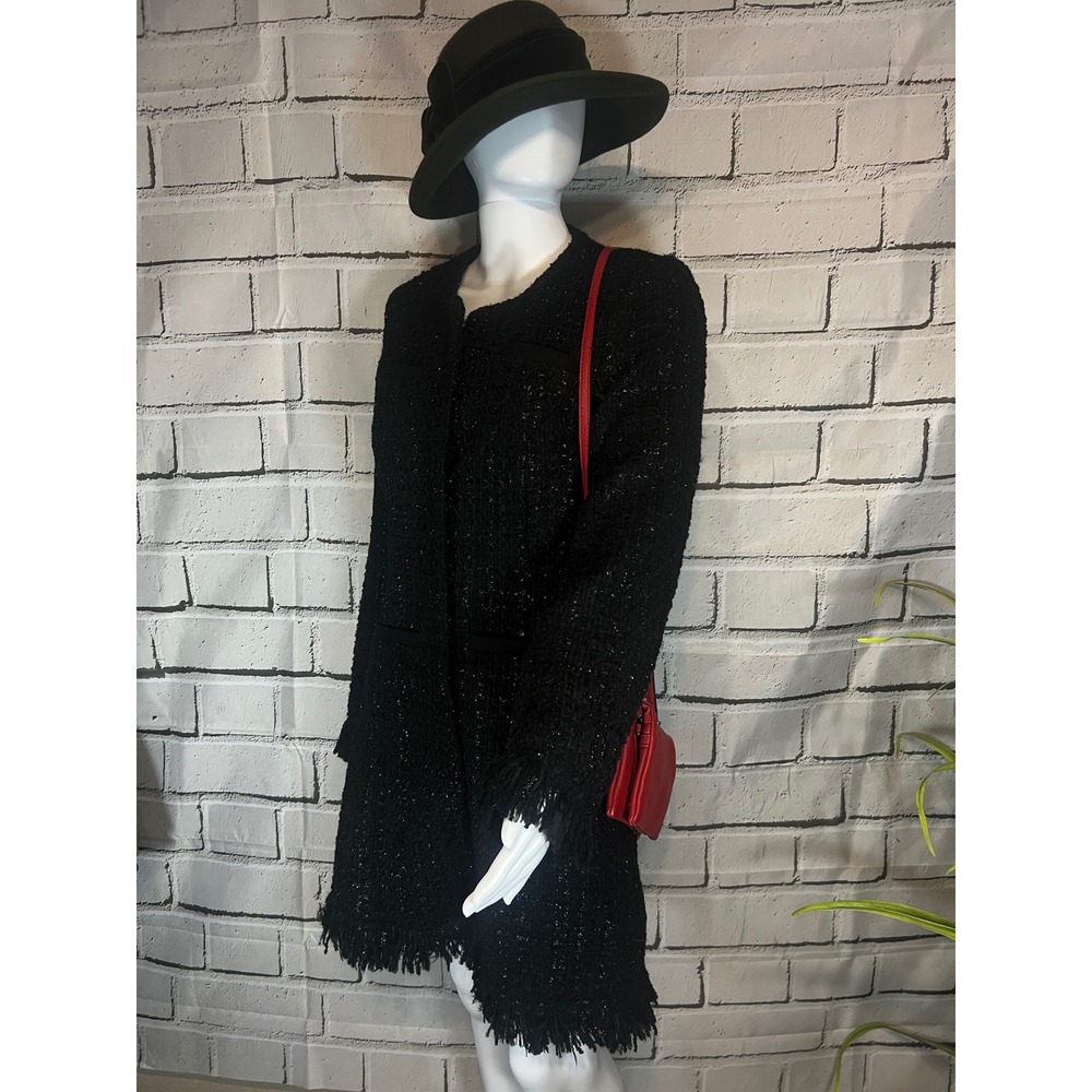 Vertigo Paris Black Metallic Tweed Wool Blend Fringe Coat Size M Hook Eye